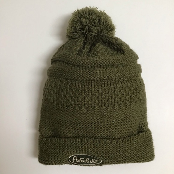 Peterbilt Big Rig Tractor Pom Knit Beanie Patch Ski Beach Skate Army Green VTG - Picture 7 of 10